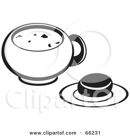 Royalty-Free (RF) Clipart Illustration of a Black And White Bowl Of Soup With A Roll by Prawny