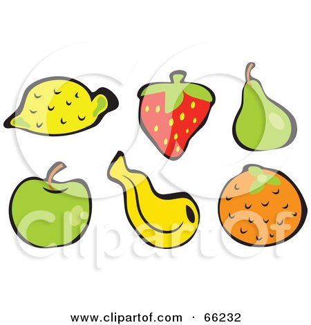 Royalty-Free (RF) Clipart Illustration of a Digital Collage Of Fruits; Lemon, Strawberry, Pear, Apple, Banana And Orange by Prawny