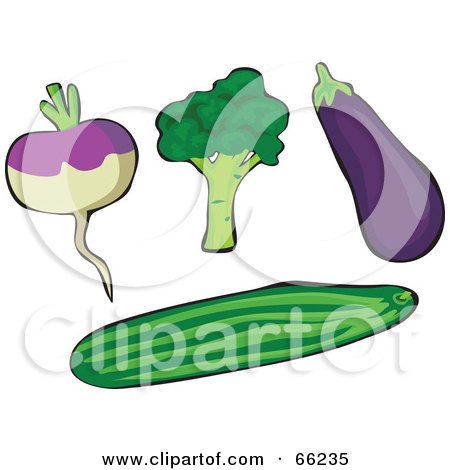 Royalty-Free (RF) Clipart Illustration of a Digital Collage Of Veggies; Rutabaga, Broccoli, Eggplant And Cucumber by Prawny