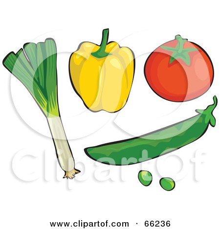 Royalty-Free (RF) Clipart Illustration of a Digital Collage Of Veggies; Leek, Yellow Bell Pepper, Tomato And Peas by Prawny