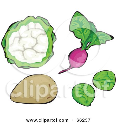 Royalty-Free (RF) Clipart Illustration of a Digital Collage Of Veggies; Cauliflower, Radish, Potato And Brussels Sprouts by Prawny
