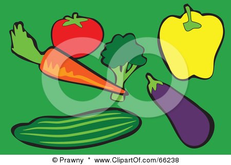 Royalty-Free (RF) Clipart Illustration of a Digital Collage Of Veggies; Tomato, Carrot, Broccoli, Bell Pepper, Eggplant, And Cucumber by Prawny