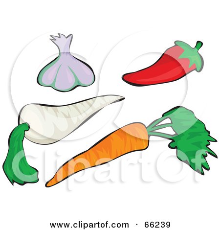Royalty-Free (RF) Clipart Illustration of a Digital Collage Of Veggies; Garlic, Chilli, Parsnip And Carrot by Prawny