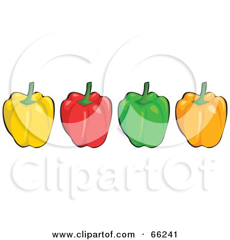 Royalty-Free (RF) Clipart Illustration of a Row Of Shiny Yellow, Red, Green And Orange Bell Peppers by Prawny