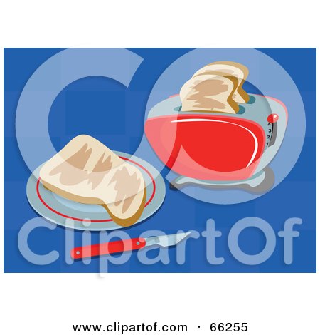 Royalty-Free (RF) Clipart Illustration of Slices Of Toast And A Toaster On A Checkered Blue Background by Prawny