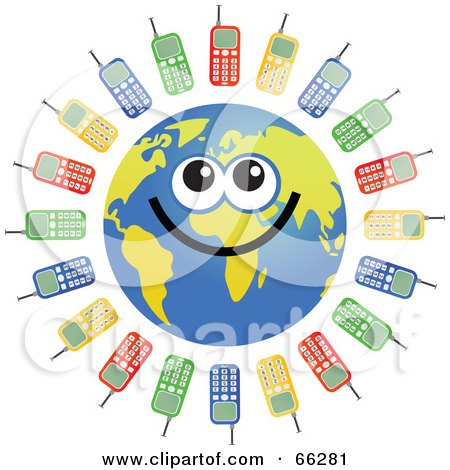 Royalty-Free (RF) Clipart Illustration of a Global Face Character With Cell Phones by Prawny