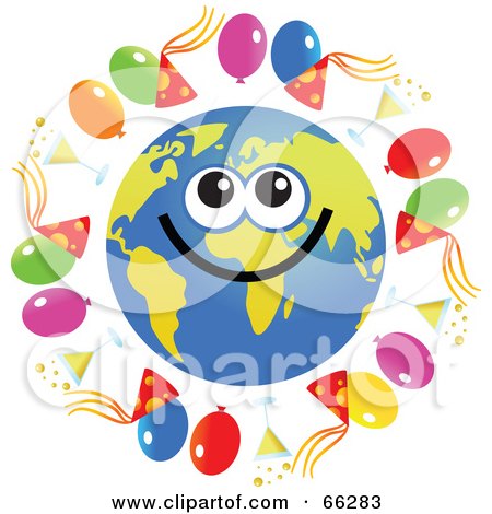 Royalty-Free (RF) Clipart Illustration of a Global Face Character With Party Balloons, Hats and Champagne by Prawny