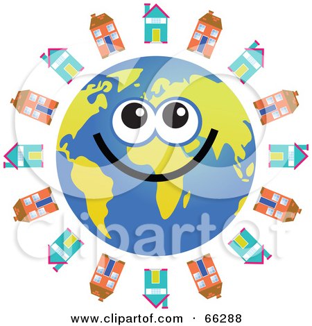 Royalty-Free (RF) Clipart Illustration of a Global Face Character With Houses by Prawny