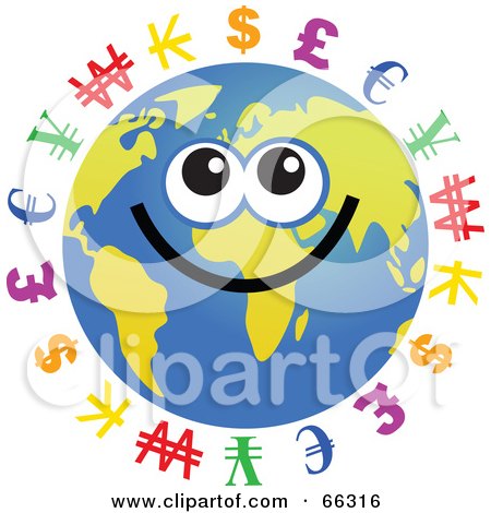 Royalty-Free (RF) Clipart Illustration of a Global Face Character With Currencies by Prawny