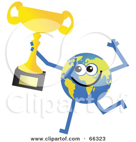 Royalty-Free (RF) Clipart Illustration of a Global Character Holding a Trophy by Prawny