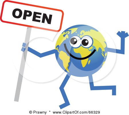 Royalty-Free (RF) Clipart Illustration of a Global Character Holding an Open Sign by Prawny