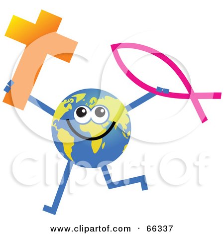 Royalty-Free (RF) Clipart Illustration of a Global Character Holding a Cross and Christian Fish by Prawny