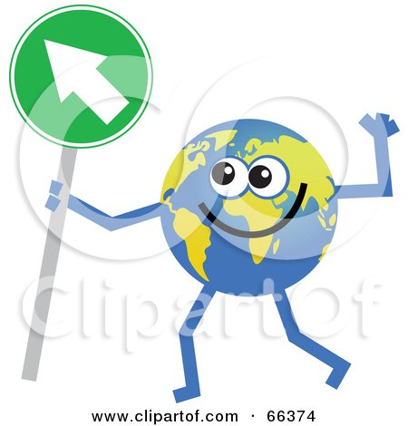 Royalty-Free (RF) Clipart Illustration of a Global Character Holding a Green Arrow Sign by Prawny