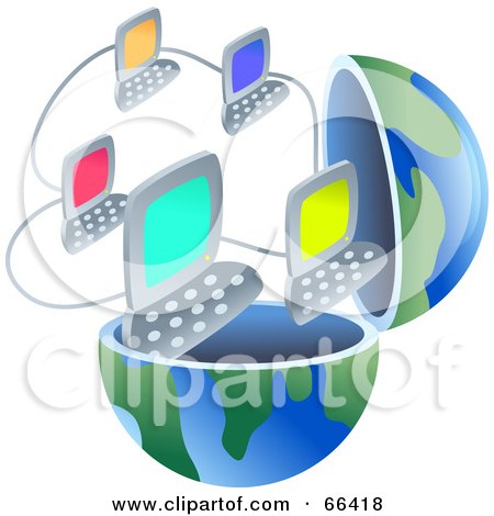 Royalty-Free (RF) Clipart Illustration of an Open Globe With Networked Computers by Prawny