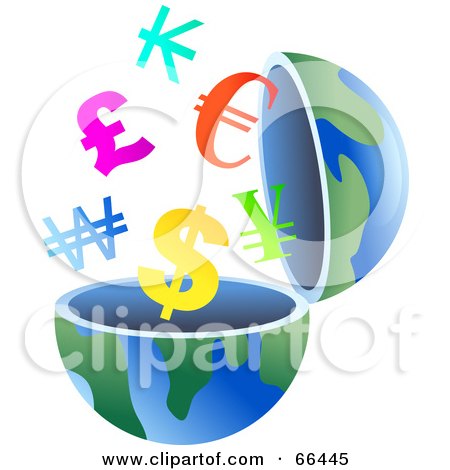 Royalty-Free (RF) Clipart Illustration of an Open Globe With Currency Symbols by Prawny