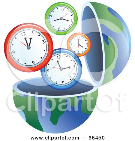 Royalty-Free (RF) Clipart Illustration of an Open Globe With Clocks by Prawny