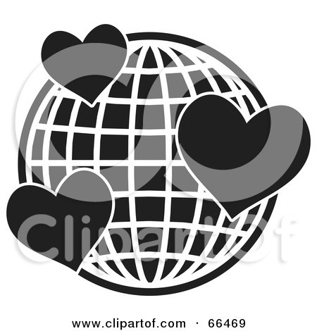 Royalty-Free (RF) Clipart Illustration of a Black And White Wire Globe With Hearts by Prawny