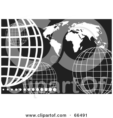 Royalty-Free (RF) Clipart Illustration of a Black And White Background Of Wire Globes And A Map by Prawny