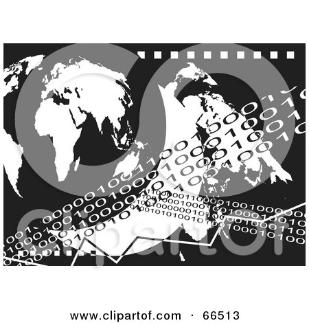 Royalty-Free (RF) Clipart Illustration of a Black And White Background Of Binary Lines And A Globe by Prawny