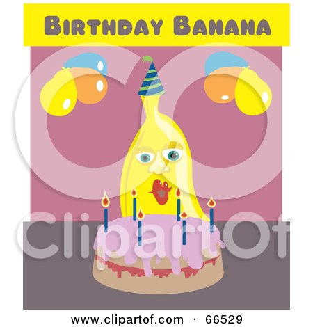 Royalty-Free (RF) Clipart Illustration of a Birthday Banana Sitting Behind A Cake by Prawny
