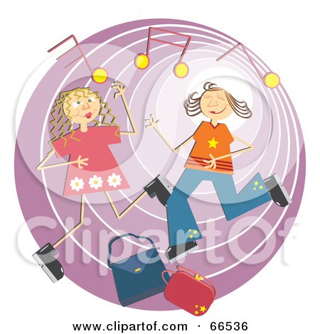 Royalty-Free (RF) Clipart Illustration of Two Women Dancing With Hand Bags And Music Notes, Over Purple by Prawny