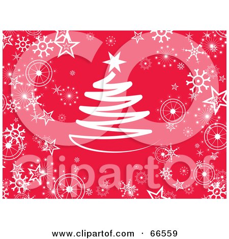 Royalty-Free (RF) Clipart Illustration of a Red Christmas Background With Snowflakes And A Christmas Tree by Prawny