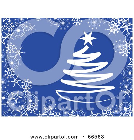 Royalty-Free (RF) Clipart Illustration of a Blue Christmas Background With Snowflakes And A Christmas Tree by Prawny
