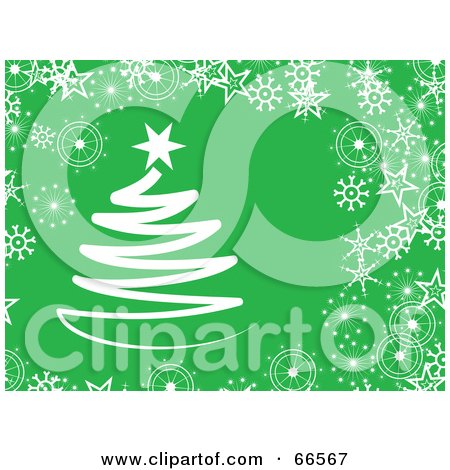 Royalty-Free (RF) Clipart Illustration of a Green Christmas Background With Snowflakes And A Christmas Tree by Prawny