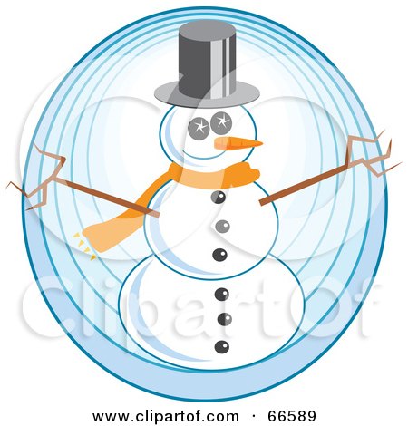 Royalty-Free (RF) Clipart Illustration of a Happy Snowman With Twig Arms Over A Blue Circle by Prawny