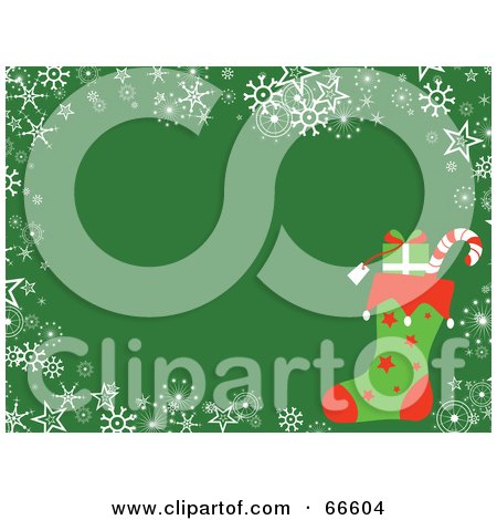 Royalty-Free (RF) Clipart Illustration of a Stocking Christmas Background With Snowflakes And Stars On Green by Prawny