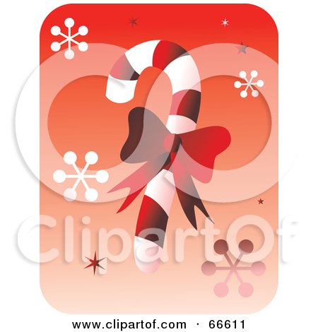 Royalty-Free (RF) Clipart Illustration of a Red Bow On A Candy Cane With Snowflakes by Prawny