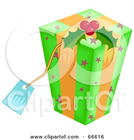 Royalty-Free (RF) Clipart Illustration of a Gift Wrapped In Green Starry Paper With Holly by Prawny