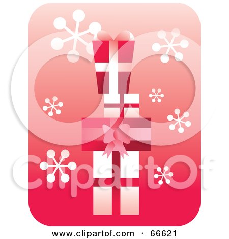 Royalty-Free (RF) Clipart Illustration of Retro Red And White Stacked Gifts On Pink With Snowflakes by Prawny