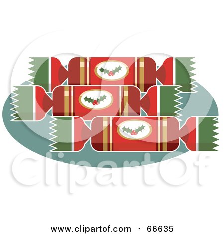 Royalty-Free (RF) Clipart Illustration of Red Christmas Crackers On A Green Oval by Prawny