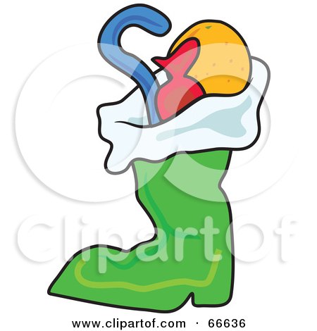 Royalty-Free (RF) Clipart Illustration of a Green Christmas Stocking Stuffed With Gifts by Prawny