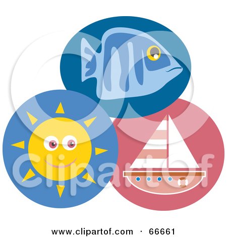 Royalty-Free (RF) Clipart Illustration of a Collage Of A Fish, Sun And Sailboat by Prawny