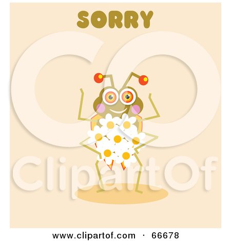 Royalty-Free (RF) Clipart Illustration of a Sorry Bug On Beige, Holding Flowers by Prawny