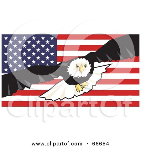 Royalty-Free (RF) Clipart Illustration of a Majestic Bald Eagle In Flight Over An American Flag by Prawny