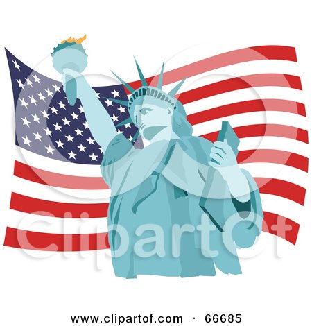 Royalty-Free (RF) Clipart Illustration of a Blue Statue Of Liberty Over An American Flag by Prawny