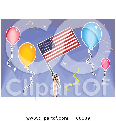 Royalty-Free (RF) Clipart Illustration of a Hand Holding An American Flag Around Balloons On Purple by Prawny