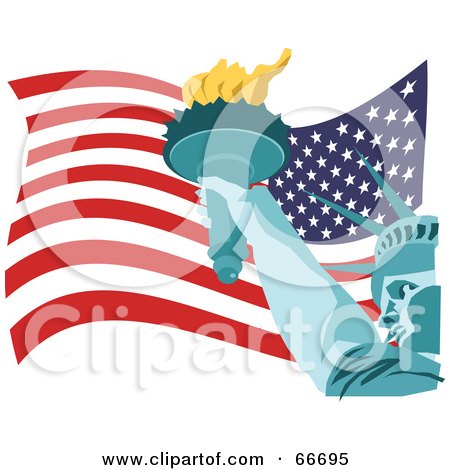 Royalty-Free (RF) Clipart Illustration of a Statue Of Liberty Holding Her Torch Over An American Flag by Prawny