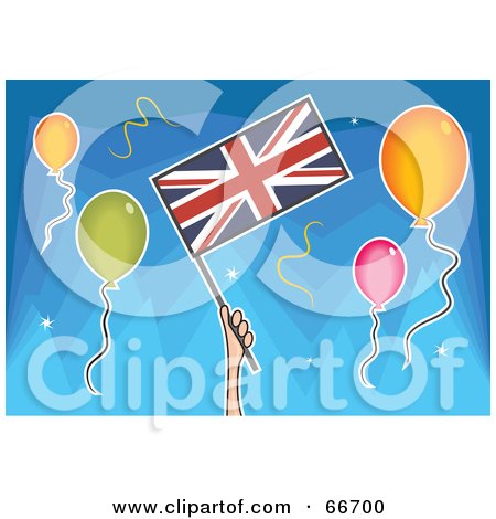 Royalty-Free (RF) Clipart Illustration of a Hand Holding A Union Jack Flag Around Balloons Over Blue by Prawny