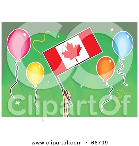 Royalty-Free (RF) Clipart Illustration of a Hand Holding A Canadian Flag Around Balloons On Green by Prawny