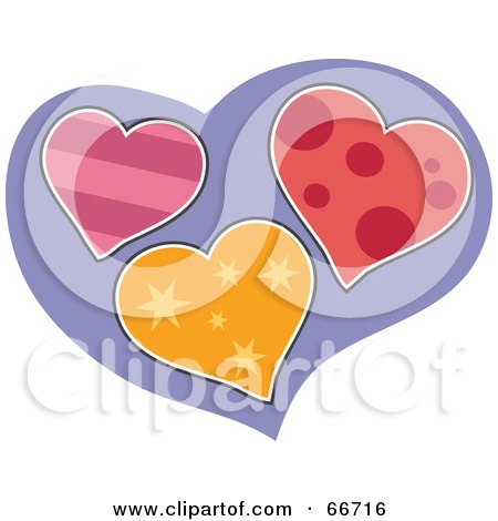 Royalty-Free (RF) Clipart Illustration of Three Patterned Hearts On A Purple Heart by Prawny