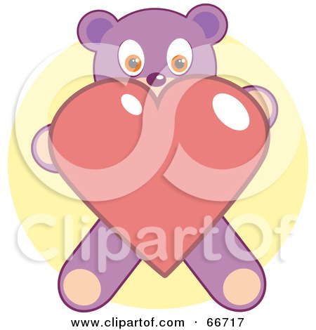 Royalty-Free (RF) Clipart Illustration of a Sweet Purple Teddy Bear Holding A Pink Heart Over A Yellow Circle by Prawny