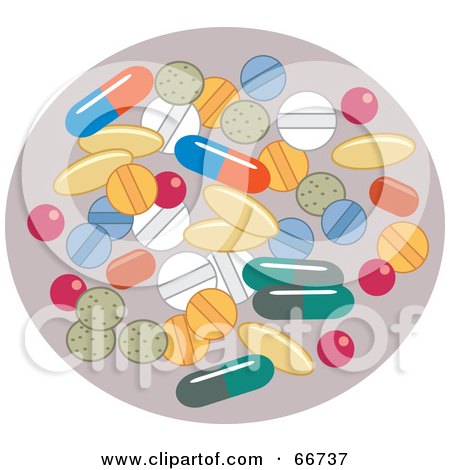 Royalty-Free (RF) Clipart Illustration of a Group Of Various Pills On Purple by Prawny