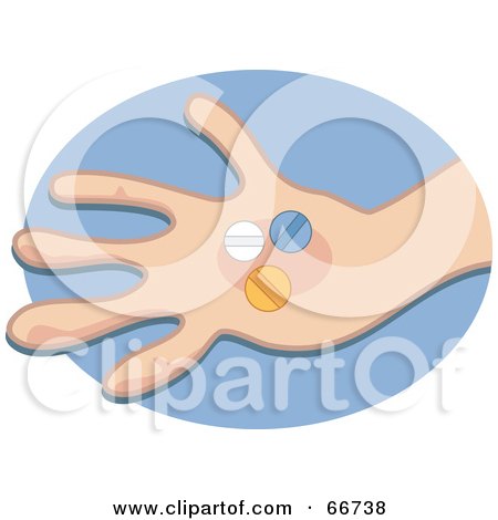 Royalty-Free (RF) Clipart Illustration of a Hand Holding Three Pills Over A Blue Oval by Prawny