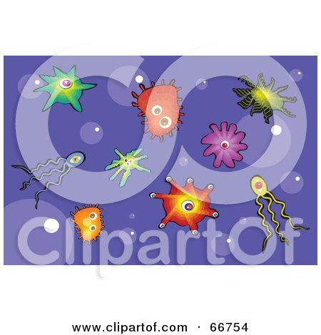 Royalty-Free (RF) Clipart Illustration of a Purple Background With Bubbles And Colorful Bacteria by Prawny