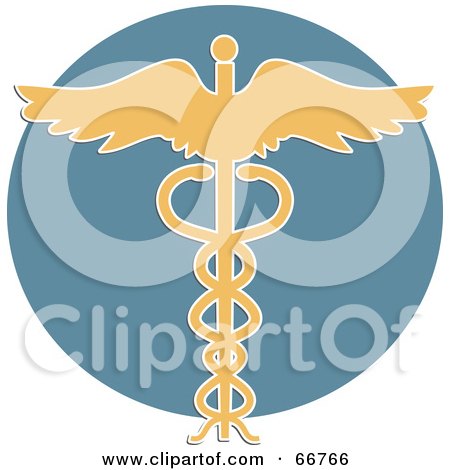 Royalty-Free (RF) Clipart Illustration of a Yellow Caduceus Over A Blue Circle by Prawny