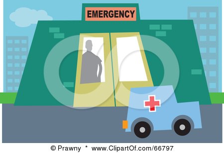 Royalty-Free (RF) Clipart Illustration of a Silhouetted Emergency Room Worker Looking Out At An Ambulance by Prawny